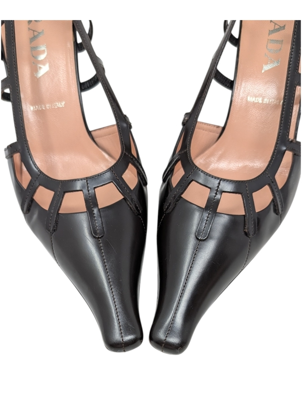 Prada Vintage Cutout Lattice Bondage Pointed Toe Kitten Heel Pump Brown 38.5 | 8 - Picture 2 of 12